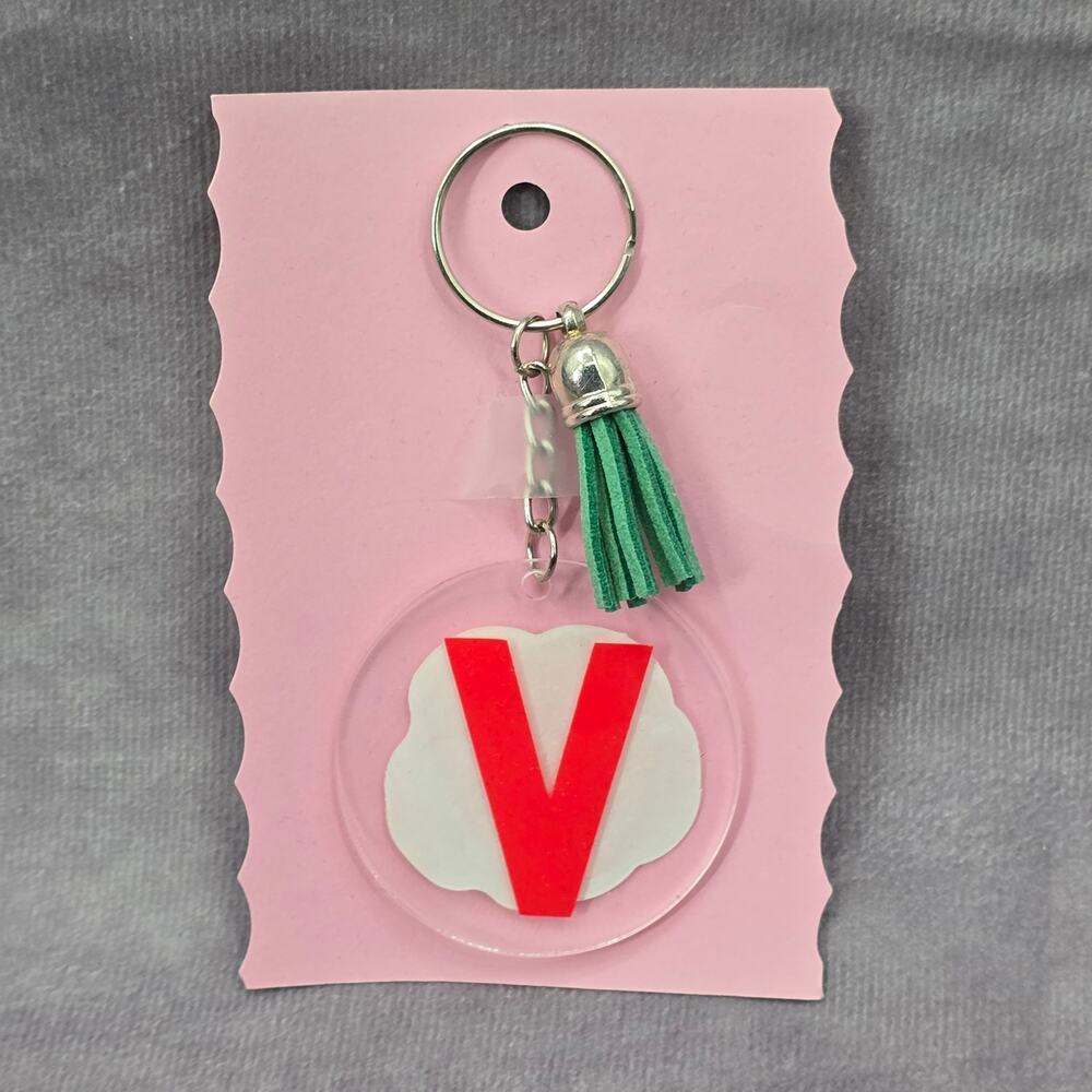 Letter‎ Keychain Clear Silver Circle Handmade Acrylic Tassel Flower V Green